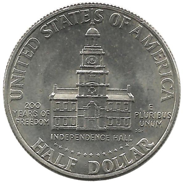 200-летие независимости США. Монета 1/2 доллара. 1976 год, (P) - Монетный двор Филадельфия.  Индепенденс-холл США.