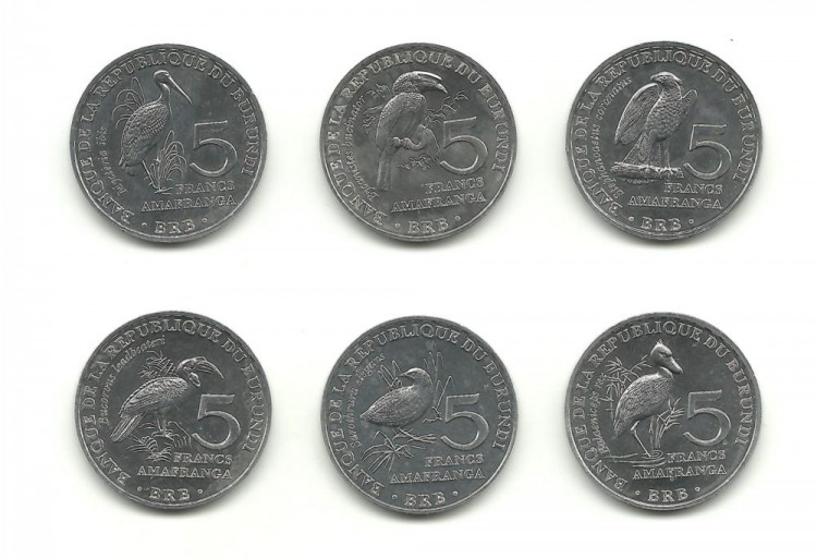 Бурунди - набор 6 монет. 5 франков ,  2014 год . Птицы. UNC.