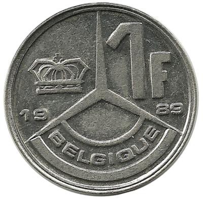 Монета 1 франк.  1989 год, Бельгия.  (Belgique)