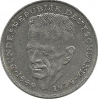 Курт Шумахер. 30 лет Федеративной Республике (1949-1979). Монета 2 марки. 1982 год, Монетный двор - Штутгарт (F). ФРГ.