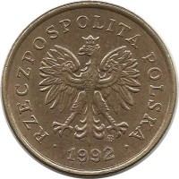 Монета 5 грошей, 1992 год, Польша.  