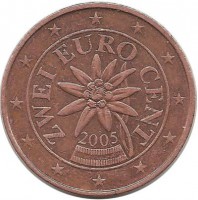 Монета 2 цента, 2005 год, Австрия. 