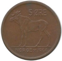 Лось. Монета 5 эре. 1964 год, Норвегия.   