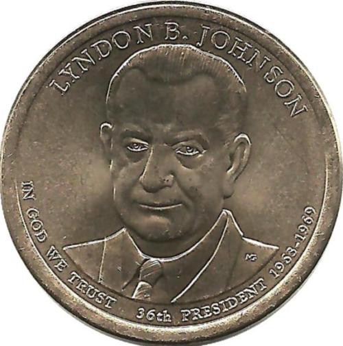 Линдон Джонсон (1963–1969), 36-й президент США. Монетный двор (D). 1 доллар, 2015 год, США. UNC.