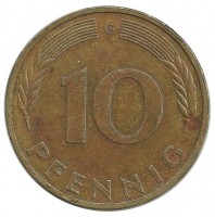 Монета 10 пфеннигов. 1987 год (G), ФРГ. (Дубовые листья)