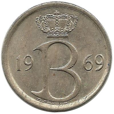 Монета 25 сантимов. 1969 год, Бельгия.  (Belgie).