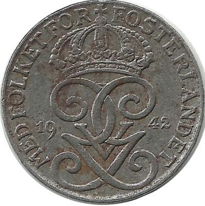 Монета 1 эре.1942 год, Швеция. (Железо).