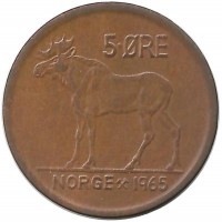 Лось. Монета 5 эре. 1965 год, Норвегия.   
