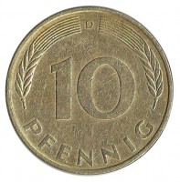 Монета 10 пфеннигов. 1990 год (D), ФРГ. (Дубовые листья)