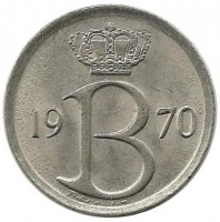 Монета 25 сантимов. 1970 год, Бельгия.  (Belgie).