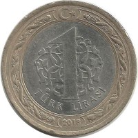 Монета 1 лира 2018 год. Турция.