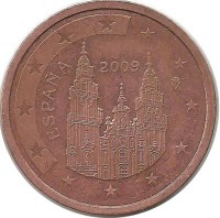 Испания. Кафедральный собор Сантьяго-де-Компостелла. Монета 2 цента 2009 год.  