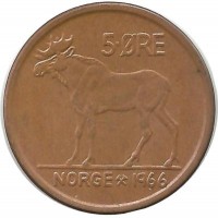Лось. Монета 5 эре. 1966 год, Норвегия.   