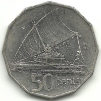 Фиджийское каноэ Такиа (Каунитони). Монета 50 центов. 1992 год, Фиджи.
