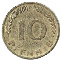 Монета 10 пфеннигов. 1950 год (D), ФРГ. (Дубовые листья)