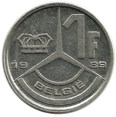 Монета 1 франк.  1989 год, Бельгия.  (Belgie)