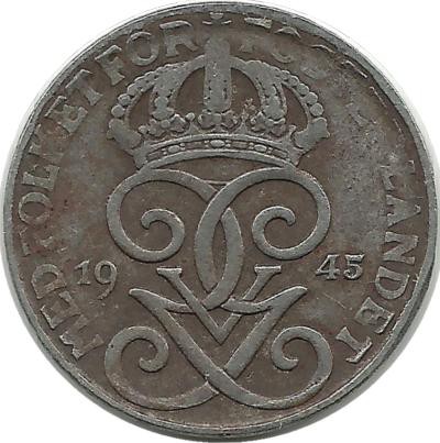 Монета 1 эре.1945 год, Швеция. (Железо).