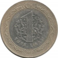 Монета 1 лира 2017 год. Турция.