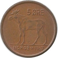 Лось. Монета 5 эре. 1967 год, Норвегия.   