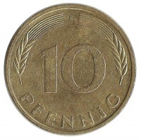 Монета 10 пфеннигов. 1981 год (F), ФРГ. (Дубовые листья)