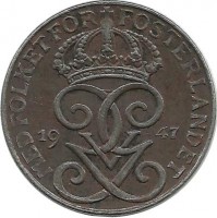 Монета 1 эре.1947 год, Швеция. (Железо).