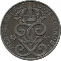 Монета 2 эре.1943 год, Швеция.(Железо).