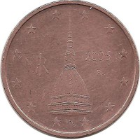 ​Италия. Башня Моле Антонеллиана в Турине. Монета 2 цента, 2005 год.