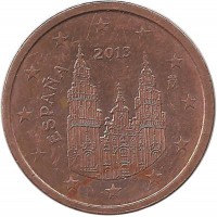 Испания. Кафедральный собор Сантьяго-де-Компостелла. Монета 2 цента 2013 год.  