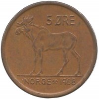 Лось. Монета 5 эре. 1968 год, Норвегия.   