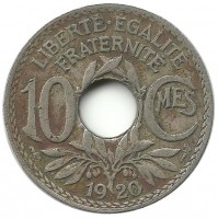 10 сантимов. 1920 год, Франция.