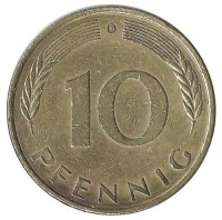 Монета 10 пфеннигов. 1972 год (D), ФРГ. (Дубовые листья)