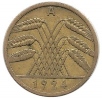 Монета 10 рейхспфеннигов. 1924 (A) год, Веймарская республика.