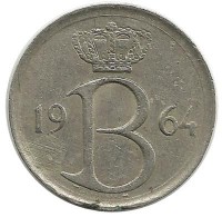 Монета 25 сантимов. 1964 год, Бельгия. (Belgique). 