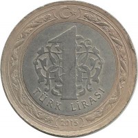 Монета 1 лира 2015 год. Турция.