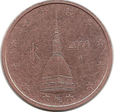 ​Италия. Башня Моле Антонеллиана в Турине. Монета 2 цента, 2009 год.
