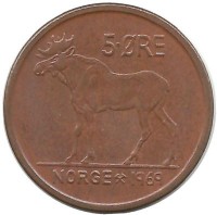 Лось. Монета 5 эре. 1969 год, Норвегия.   