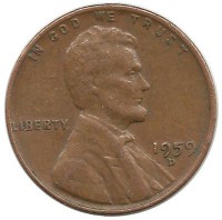 Линкольн. 1 цент 1959г. D.  (Денвер) , CША.
