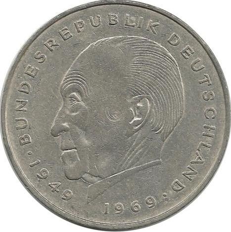Конрад Аденауэр. 20 лет Федеративной Республике (1949-1969). Монета 2 марки. 1977 год, Монетный двор - Карлсруэ (G). ФРГ.