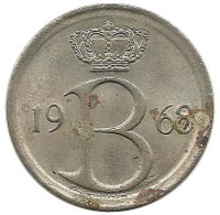 Монета 25 сантимов. 1968 год, Бельгия. (Belgique).