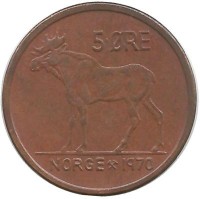 Лось. Монета 5 эре. 1970 год, Норвегия.   