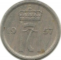 Монета 25 эре.  1957 год, Норвегия.