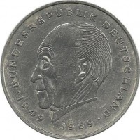 Конрад Аденауэр. 20 лет Федеративной Республике (1949-1969) . Монета 2 марки. 1982 год, Монетный двор - Штутгарт (F). ФРГ.