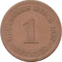 Монета 1 пфенниг 1887 год  (D) ,  Германская империя.