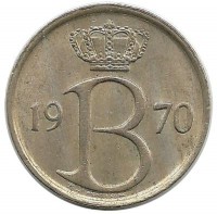 Монета 25 сантимов. 1970 год, Бельгия. (Belgique).