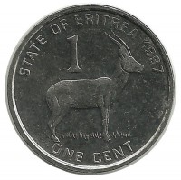 Антилопа. Монета 1 цент. 1997 год, Эритрея. UNC.