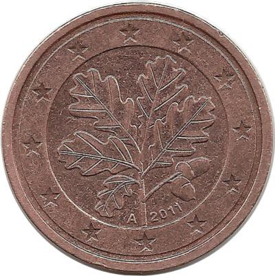 Монета 2 цента. 2011 год (А), Германия.