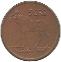 Лось. Монета 5 эре. 1971 год, Норвегия.  