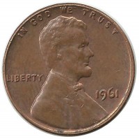 Линкольн. 1 цент 1961г.  (Филадельфия) , CША.