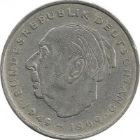 Теодор Хойс. 20 лет Федеративной Республике (1949-1969). Монета 2 марки. 1974 год, Монетный двор - Карлсруэ (G). ФРГ.
