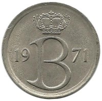 Монета 25 сантимов. 1971 год, Бельгия. (Belgique).